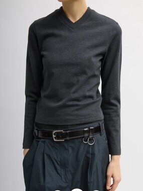 Tibi Perfect T-Shirt Shrunken V-Neck in Charcoal Grey, Size Medium